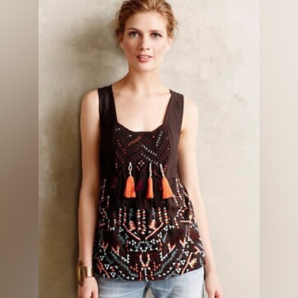 Akemi + Kin Anthropologie Rigmarole Embroidered Tassel Tank Top Small S